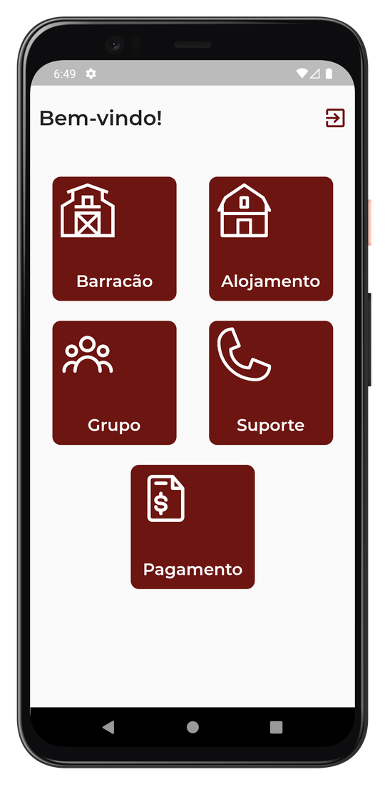 Menu principal do Agroviário com os acessos a barracão, alojamento, grupo, suporte e pagamento