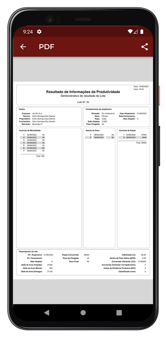 Relatório de informações da produtividade do lote gerado em PDF pelo aplicativo Agroviário